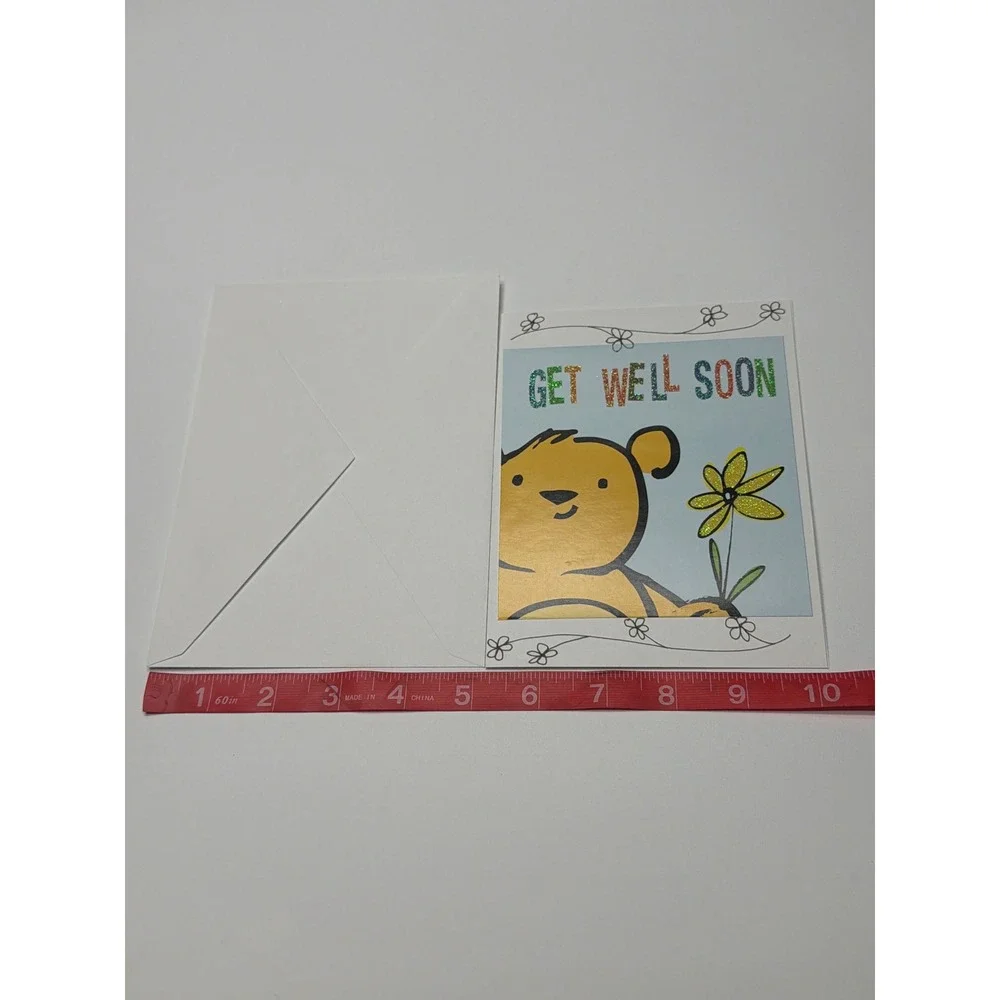 Get Well Soon Greeting Card Cute Bear with Flower Glitter Accents Blank Inside‎